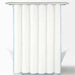 Kirkland's Home Shower Curtains-Blue Melora Tasseled Border Shower Curtain