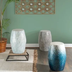 Kirkland's Home Accent & End Tables-Blue Ombre Mosaic Capiz Shell Drum End Table