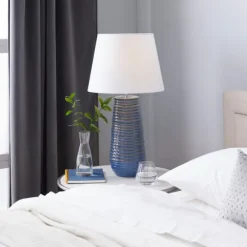 Kirkland's Home Table Lamps-Blue Ribbed Stoneware Table Lamp