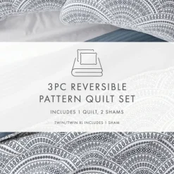 Kirkland's Home Quilts-Blue Scalloped Reversible 3-Pc. Queen Quilt Set