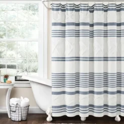 Kirkland's Home Shower Curtains-Blue Stripe Diamond Tufted Shower Curtain