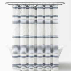 Kirkland's Home Shower Curtains-Blue Stripe Diamond Tufted Shower Curtain