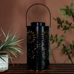 Kirkland's Home Outdoor Lighting-Brass Metal Flower Cutout Solar Lantern