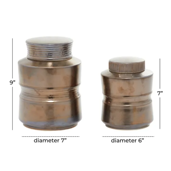 Kirkland's Home Decorative Bowls & Jars-Bronze Ribbed Ceramic Jars, Set Of 2