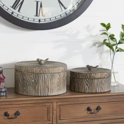 Kirkland's Home Baskets & Boxes-Bronze Tree Bark Round Metal Boxes, Set Of 2