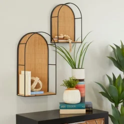 Kirkland's Home Shelves-Brown Bamboo Arched Modern Wall Shelves, Set Of 2
