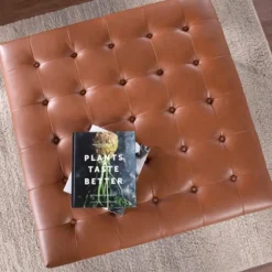 Kirkland's Home Benches & Ottomans-Brown Button Tufted Faux Leather Ottoman