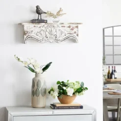 Kirkland's Home Shelves-Brown Distressed Carved Wood Wall Shelf