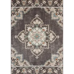 Kirkland's Home Outdoor Rugs-Brown Floral Medallion Outdoor Area Rug, 7X9