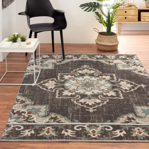 Kirkland's Home Outdoor Rugs-Brown Floral Medallion Outdoor Area Rug, 7X9
