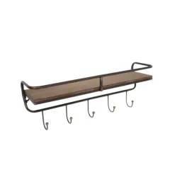 Kirkland's Home Hooks-Brown Metal Frame Wood Wall Shelf With Hooks