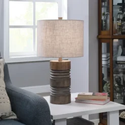 Kirkland's Home Table Lamps-Brown Ribbed Wood Finish Table Lamp