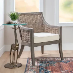 Kirkland's Home Accent Chairs-Brown Wicker Wood Curved Back Accent Chair