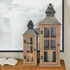 Kirkland's Home Lanterns-Brown Windowpane Mesh Lanterns, Set Of 2