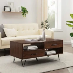 Kirkland's Home Coffee Tables-Brown Wood & Black Metal Hairpin Legs Coffee Table