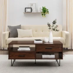 Kirkland's Home Coffee Tables-Brown Wood & Black Metal Hairpin Legs Coffee Table