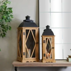 Kirkland's Home Lanterns-Brown Wood And Black Mesh Lanterns, Set Of 2