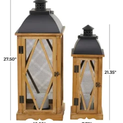Kirkland's Home Lanterns-Brown Wood And Black Mesh Lanterns, Set Of 2