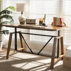 Kirkland's Home Office Furniture-Brown Wood And Metal Linear Base Desk