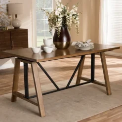 Kirkland's Home Office Furniture-Brown Wood And Metal Linear Base Desk