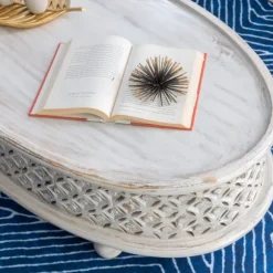 Kirkland's Home Coffee Tables-Carved Lattice Wood Oval Coffee Table