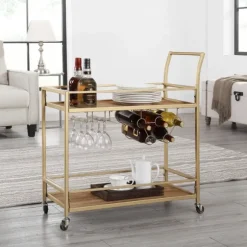 Kirkland's Home Kitchen Islands & Bar Carts-Celeste Gold Metal And Wood Bar Cart