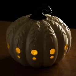 Kirkland's Home Lanterns-Ceramic Leaf Pre-Lit Pumpkin Lantern