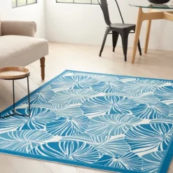Kirkland's Home Outdoor Rugs-Cerulean Botanical Shells Outdoor Area Rug, 5X7