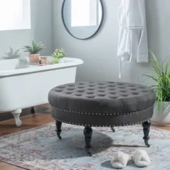Kirkland's Home Benches & Ottomans-Charlotte Tufted Round Charcoal Ottoman