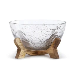 Kirkland's Home Decorative Bowls & Jars-Clear Bubbled Glass Bowl On Wood Stand