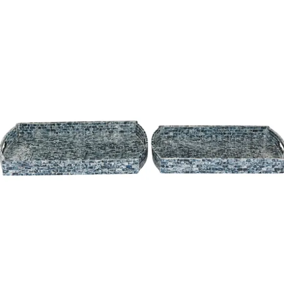 Kirkland's Home Decorative Trays-Coastal Wood And Oyster Shell Trays, Set Of 2