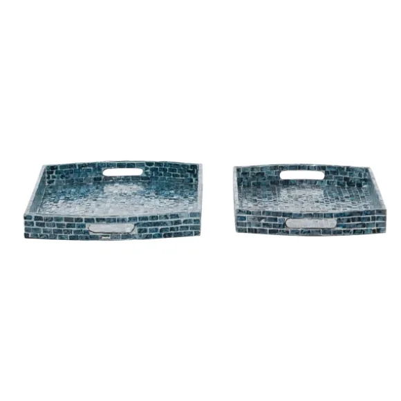 Kirkland's Home Decorative Trays-Coastal Wood And Oyster Shell Trays, Set Of 2