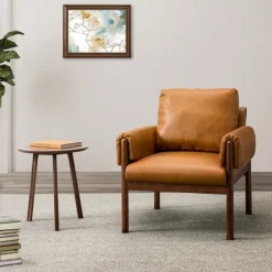 Kirkland's Home Accent Chairs-Cognac Faux Leather And Wood Accent Chair