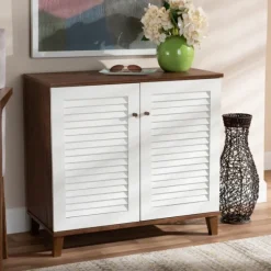 Kirkland's Home Entryway Furniture-Collier Two-Tone Slatted Shoe Storage Cabinet