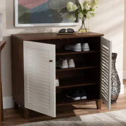 Kirkland's Home Entryway Furniture-Collier Two-Tone Slatted Shoe Storage Cabinet
