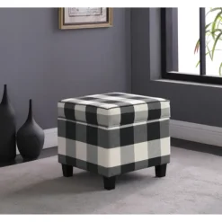 Kirkland's Home Benches & Ottomans-Cream Buffalo Plaid Upholstered Storage Ottoman