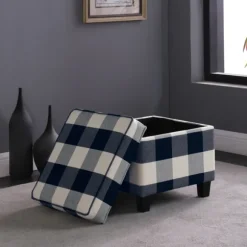 Kirkland's Home Benches & Ottomans-Cream Buffalo Plaid Upholstered Storage Ottoman