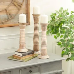 Kirkland's Home Candle Holders-Cream Mango Wood Candle Holders, Set Of 3