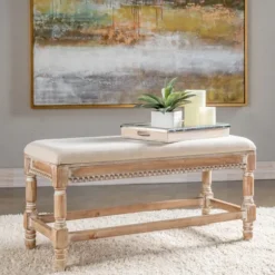 Kirkland's Home Benches & Ottomans-Cream Upholstered And Wooden Bench