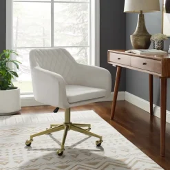 Kirkland's Home Office Furniture-Cream Upholstered Tufted Swivel Office Chair
