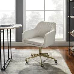 Kirkland's Home Office Furniture-Cream Upholstered Tufted Swivel Office Chair