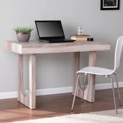 Kirkland's Home Office Furniture-Cream Wood Faux Marble Desk