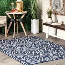 Kirkland's Home Outdoor Rugs-Darcie Blue Geometric Outdoor Rug, 5X8
