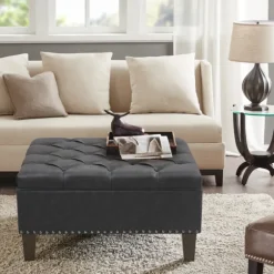 Kirkland's Home Benches & Ottomans-Dark Espresso Button Tufted Leather Ottoman