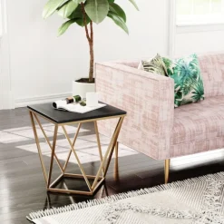 Kirkland's Home Accent & End Tables-Dark Marble And Gold Geometric Accent Table