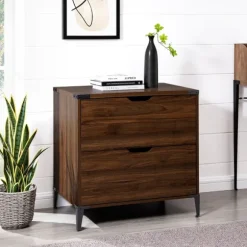 Kirkland's Home Office Furniture-Dark Walnut Wood And Iron Accent Filing Cabinet
