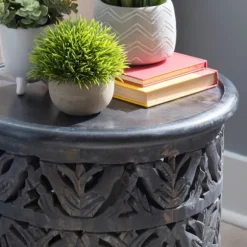 Kirkland's Home Accent & End Tables-Dark Wood Carved Detail Accent Table