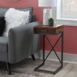 Kirkland's Home Accent & End Tables-Dark Wood Single Drawer C-Frame Accent Table