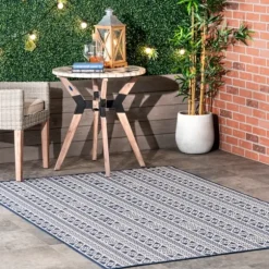 Kirkland's Home Outdoor Rugs-Davon Blue Geometric Striped Outdoor Rug, 5X8