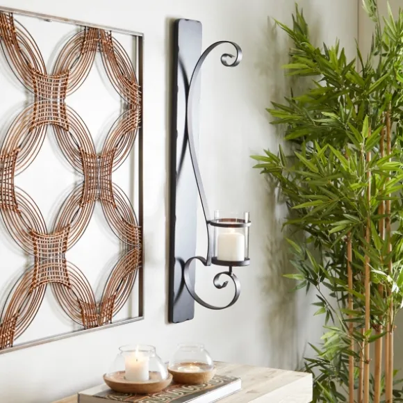 Kirkland's Home Sconces-Distressed Black Scrolled Metal Sconce